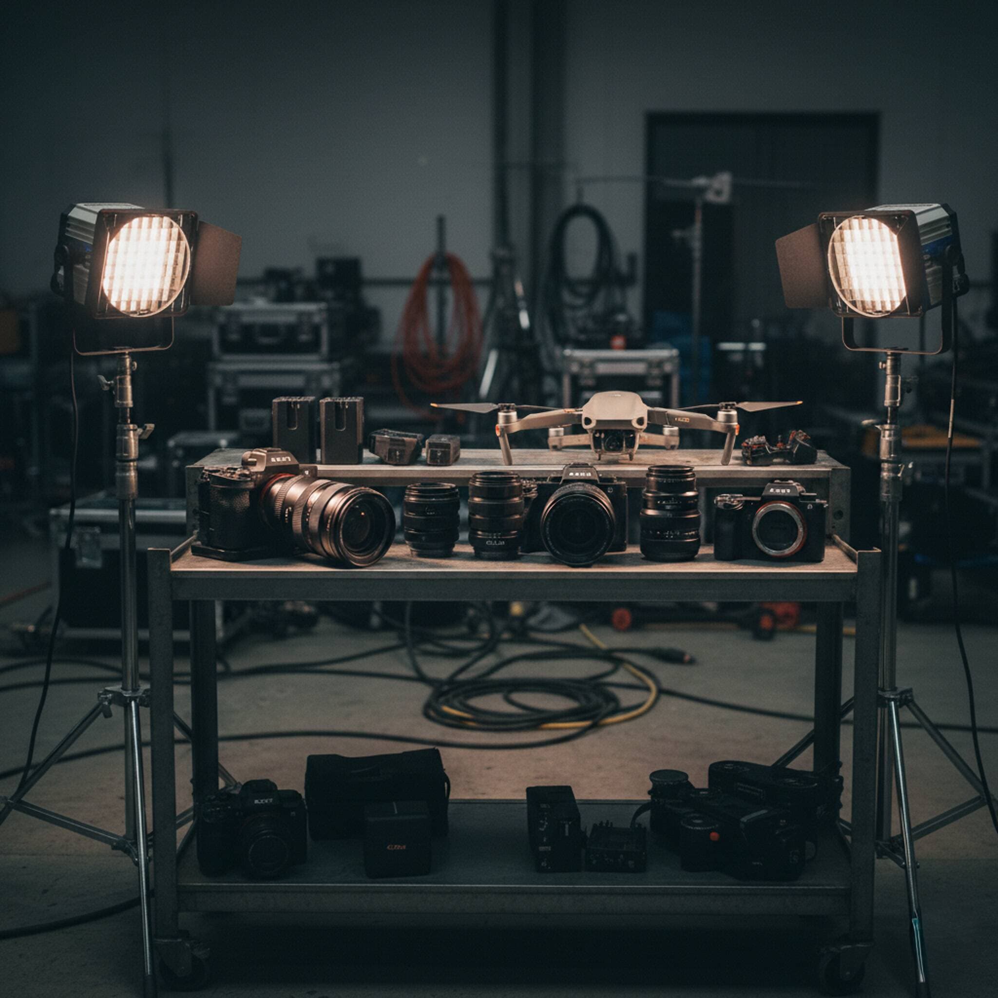 Equipo de cámaras, lentes y drone listo entre dos focos en el estudio